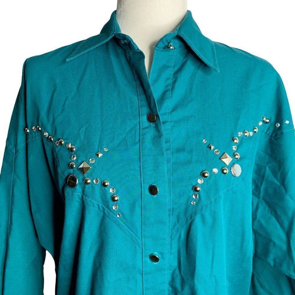 Vintage 80s H Bar C Embellished Western Shirt M Green Long Sleeve Rhinestone